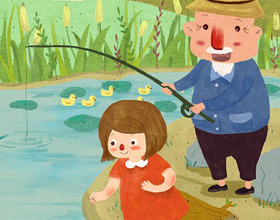 儿童插画—和老爷爷一起钓鱼